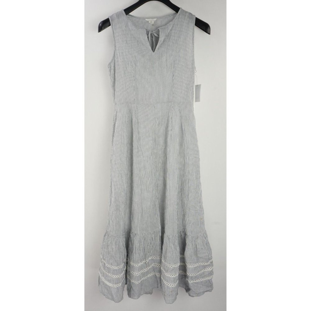 New Caslon Sleeveless Tiered A-Line Midi Dress White Blue Stripe XS Tie Neck